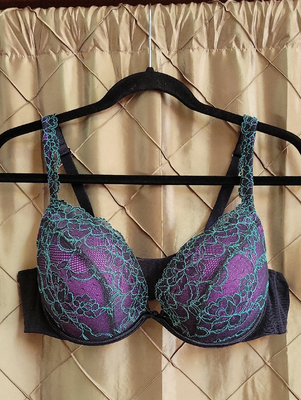 EUC- Cacique Purple & Teal Overlay Lace Black Bra